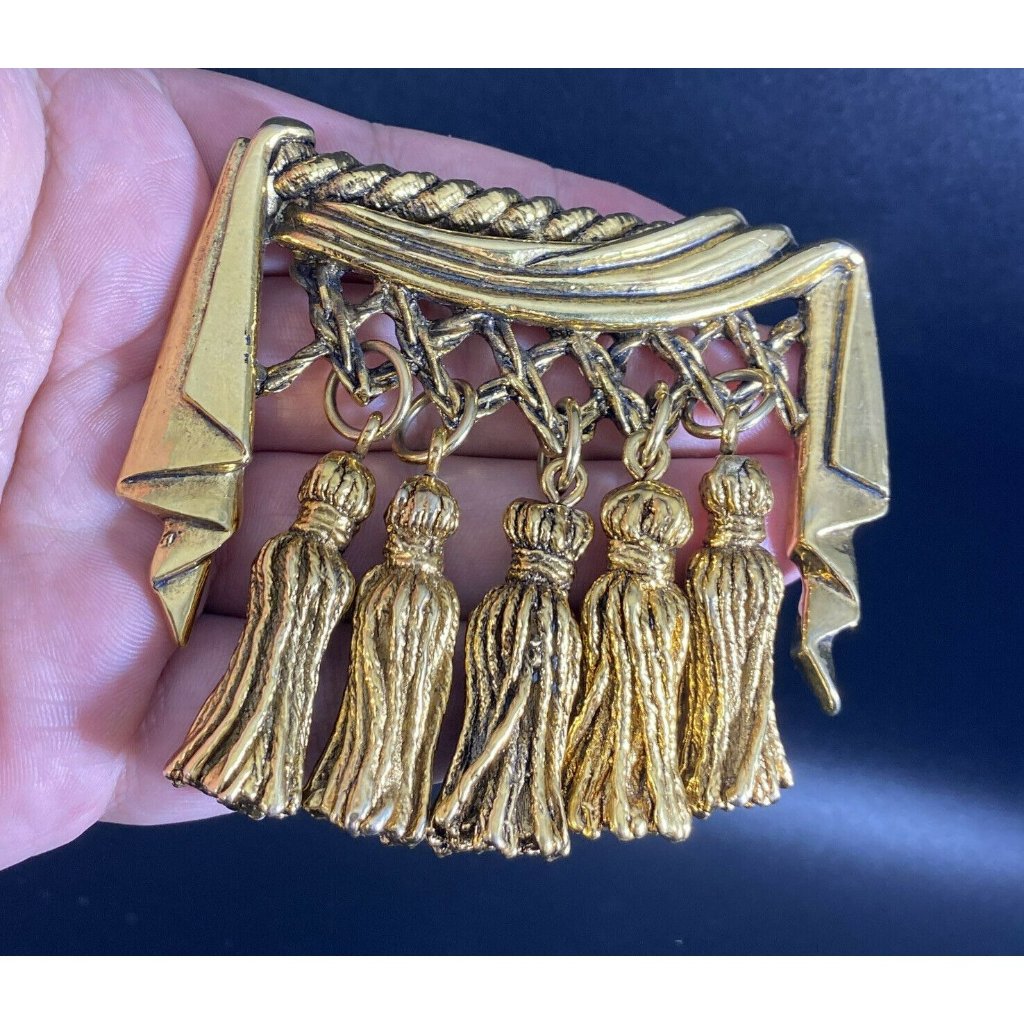 Vintage Chantal Thomass Tassel Statement Brooch Gold Tone Runway Signed